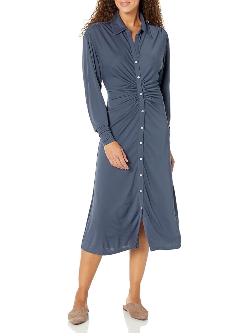 NWT Cinq a Sept Ruched Long Sleeve Midi Shirt Dress in Dusty Blue XS